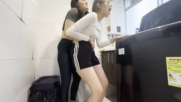 Hot Colombian Lesbians Fingering & Pussy Eating in Laundry Room - Homemade 4K Sex