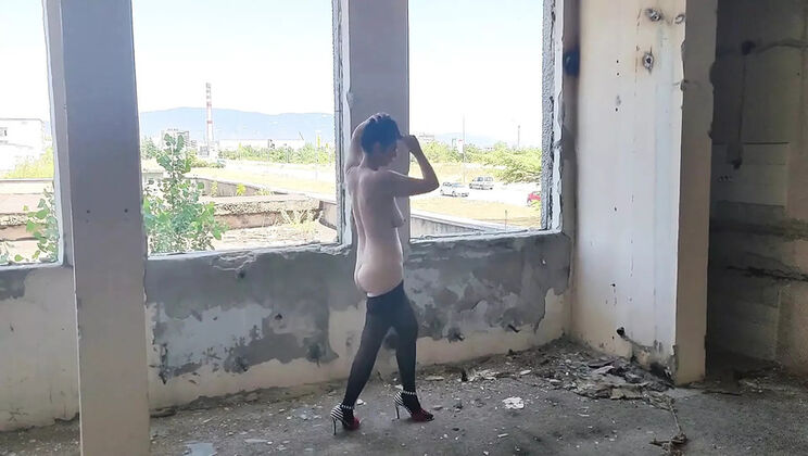 Za Za the Brunette MILF Undresses in Abandoned Building - Big Ass Solo in Stockings