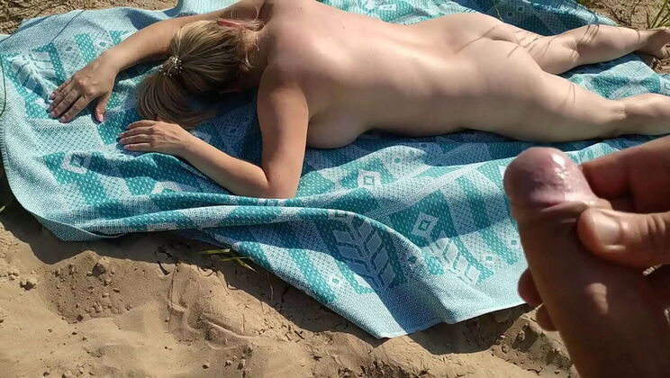 Big Cock Guy Jerks Off Near Nude MILF Sunbathing - Huge Cumshot on Her Body
