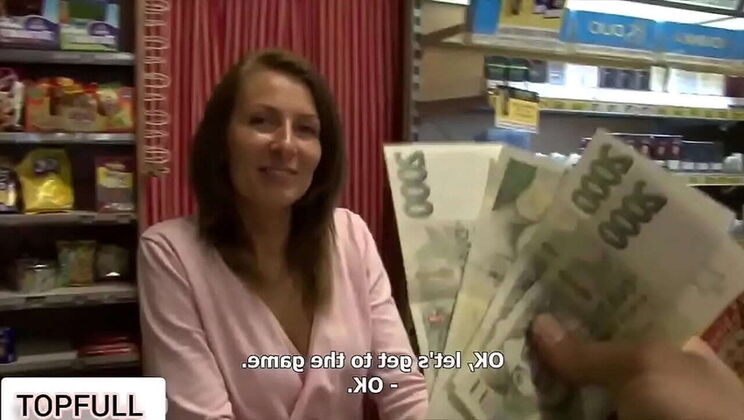 Hot teen salesgirl takes doggystyle fuck for cash in public store