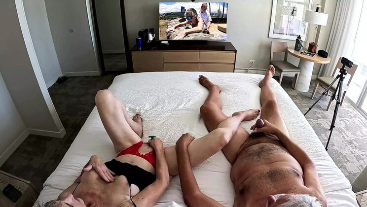 Hotel Room MILF Masturbating with Dildo While Hubby Watches