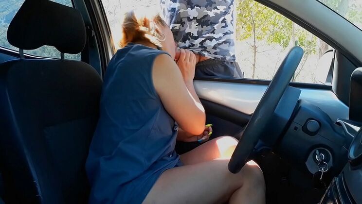 Blonde wife with big tits gives public blowjob to stranger in parking lot