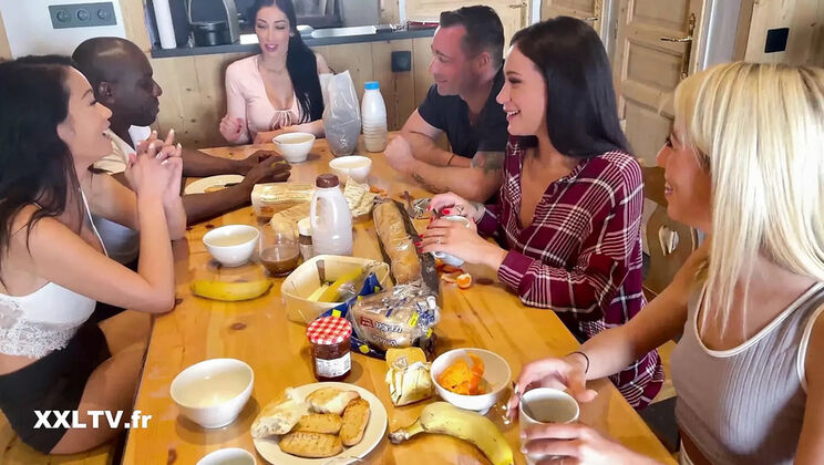 Wild Orgy in Mountain Chalet with Busty Blonde and Hot Brunettes