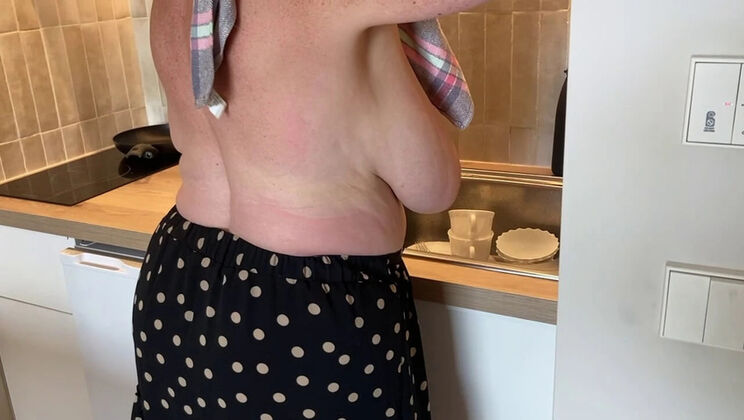 Horny Mature Granny Fingered in Kitchen with Big Natural Tits and Stockings