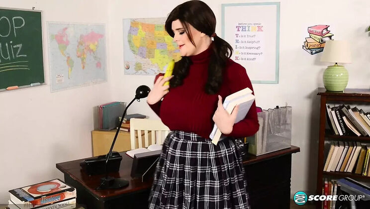 Busty Brunette Tiggle Bitties Solo Masturbation in School Uniform - Big Tits & Big Ass Pupil Proves Skills