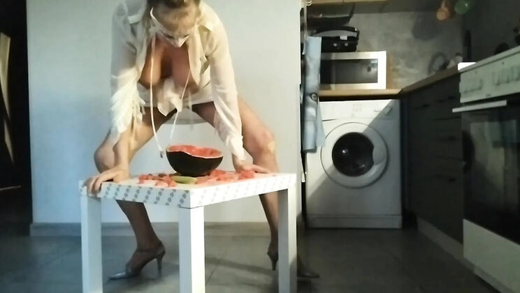 Crazy MILF Mom Squirts on Watermelon in Kitchen Solo Masturbation
