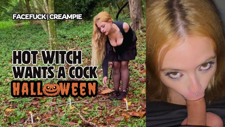 Blonde Teen Witch Halloween Blowjob & Creampie in Forest - Surya & Dom Amateur Couple