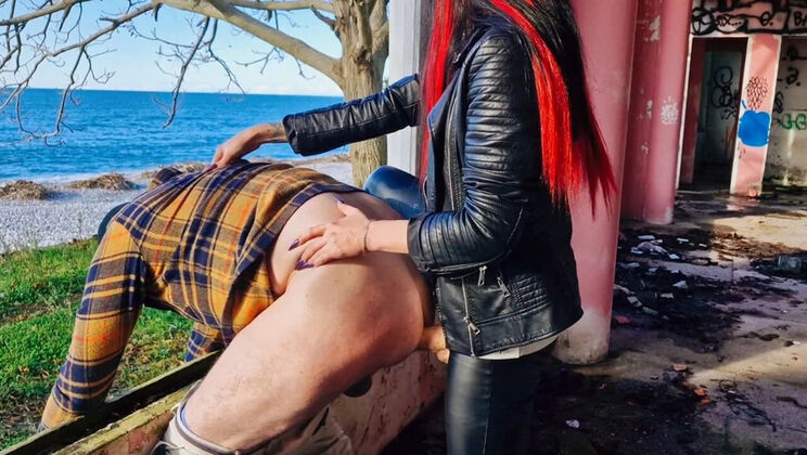 Brunette Mistress Nika Pegging Slave With Strap-On By The Sea - Rough Anal Fuck