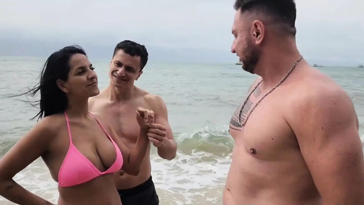 Brunette Amateur Gets Horny on Beach - Rough Threesome with Two Hot Guys