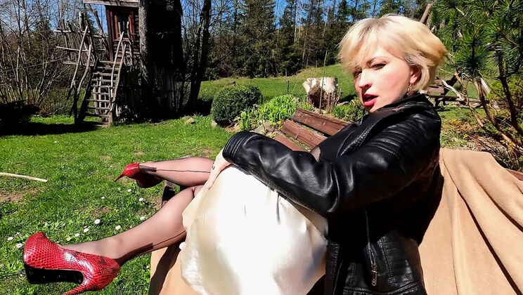 Amateur Mature Outdoor Masturbation with Black Nylons and Dildo on Sunny Garden Bench