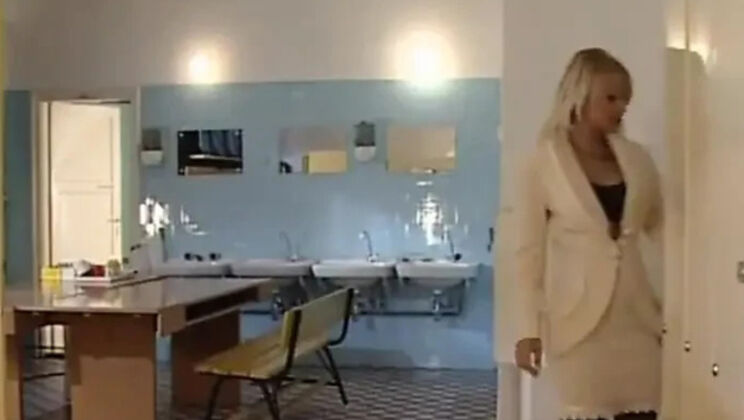 Blonde Office Sex - Hairy Pussy Fucking on Desk & Cum in Mouth