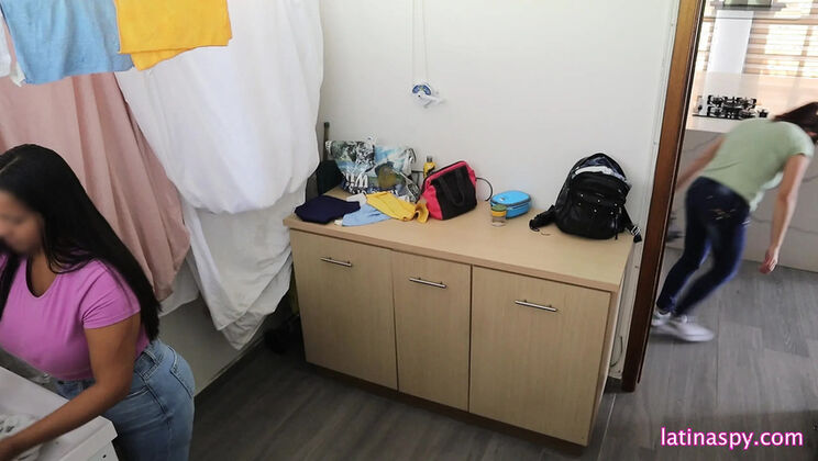 Big Natural Tits Latina Maid Cheating in Laundry Room Homemade Voyeur 4K