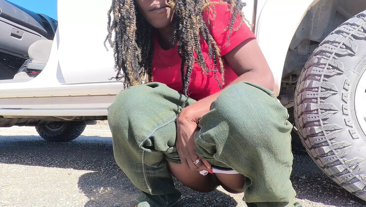 Black MILF Pissing Outside Then Fucked in Car - Hubby Licks Pussy Clean After