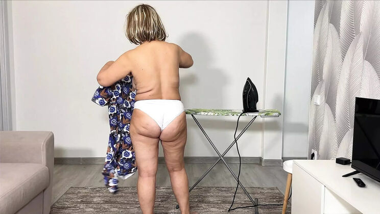 Homemade MILF stepmom in panties gets anal fuck by stepson while doing chores