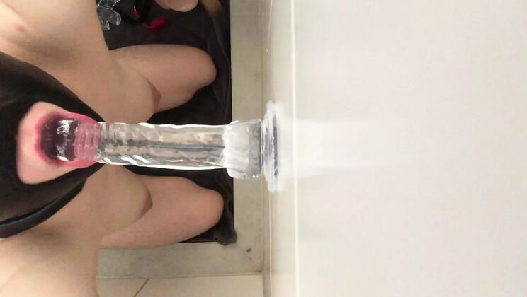 German Submissive Slave Blowjob Training with Dildo in Bathroom Close-Up