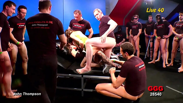 Wild German Gangbang Orgy with Brunette in Stockings - Blowjob, Facial & Bukkake