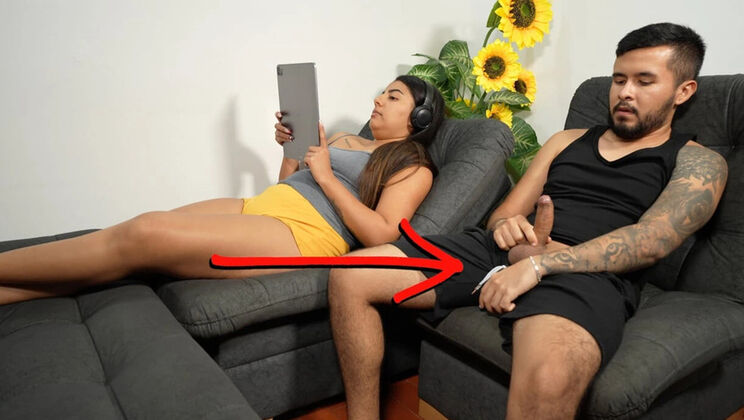 Stepbrother Surprises Stepsister with Huge Cumshot While She Studies Online - Amateur Homemade Teen Handjob