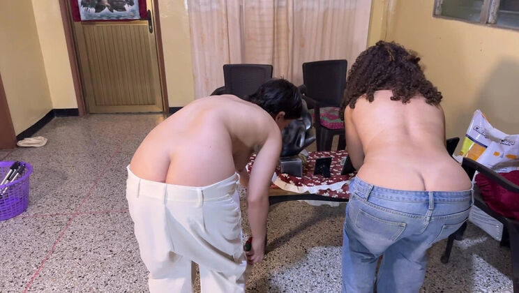 Jasmine and Cassandra Latina Maids Cleaning with Low Pants and Big Booty