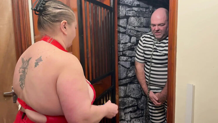 Mature BBW Domina Satana Teases Chained Jail Bird with Humiliation & Oral Play