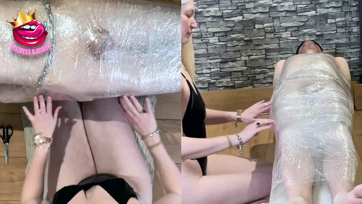 Mistress BJQueen Denies Mummified Slave - Handjob Tease Turns to Chastity Cage Lockup