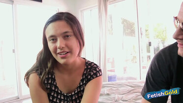 Brunette teen Maya Grand first porn scene with tattooed guy Mr. Pete hammering tight pussy