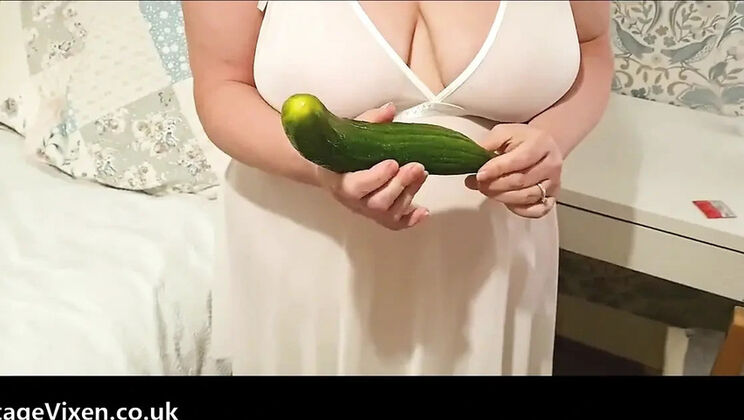 BBW Wife Aunt Jane Stuffs Big Natural Tits with Cucumber